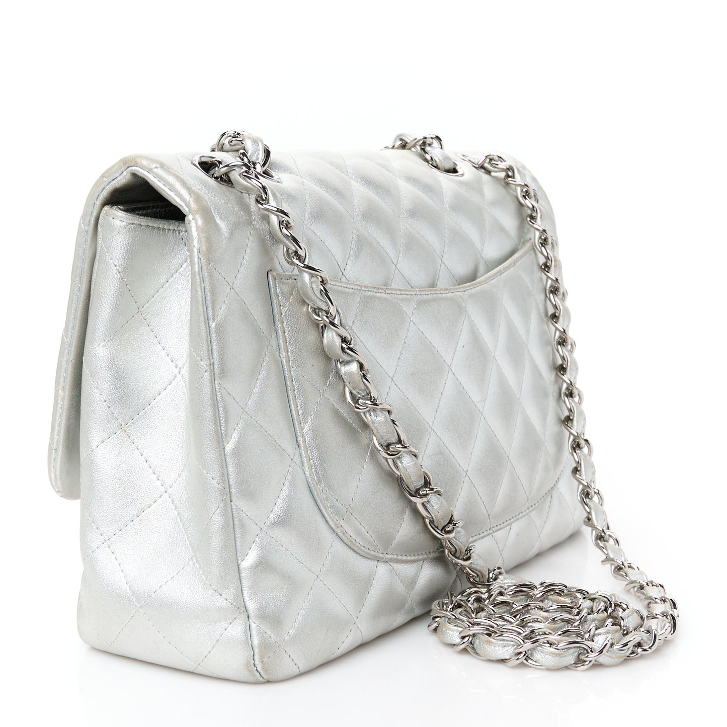 Metallic Lambskin Quilted Jumbo Single Flap Silver