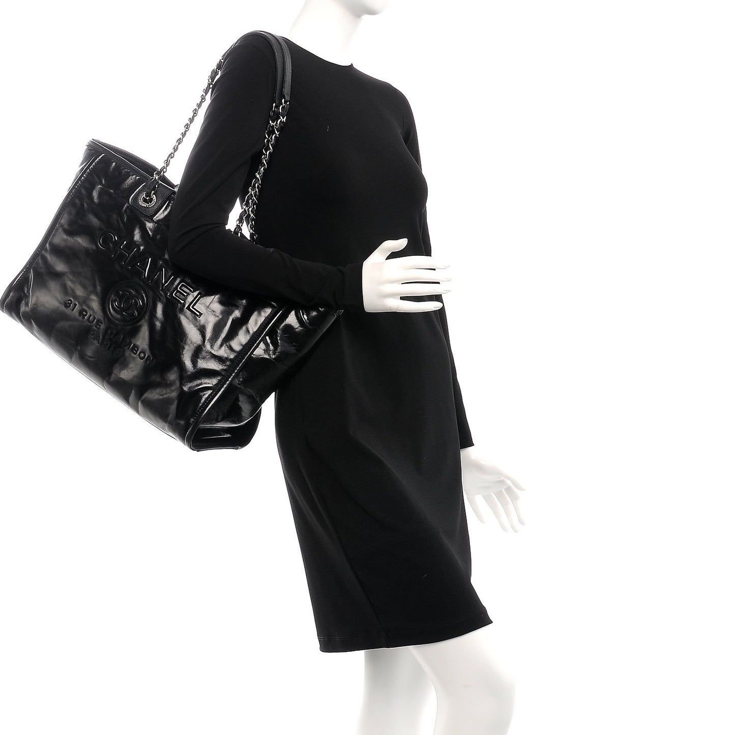 Glazed Calfskin Large Deauville Tote Black