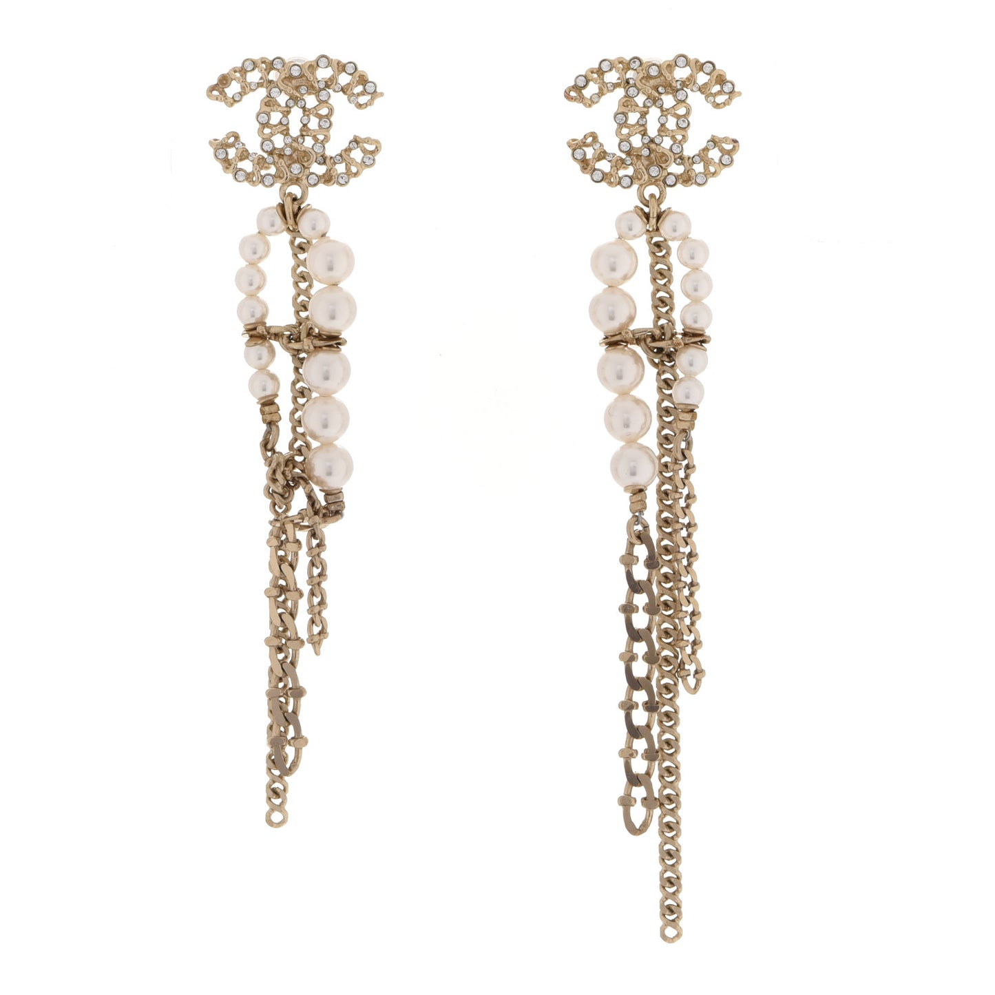 Pearl Crystal CC Chain Drop Earrings Light Gold Pearly White