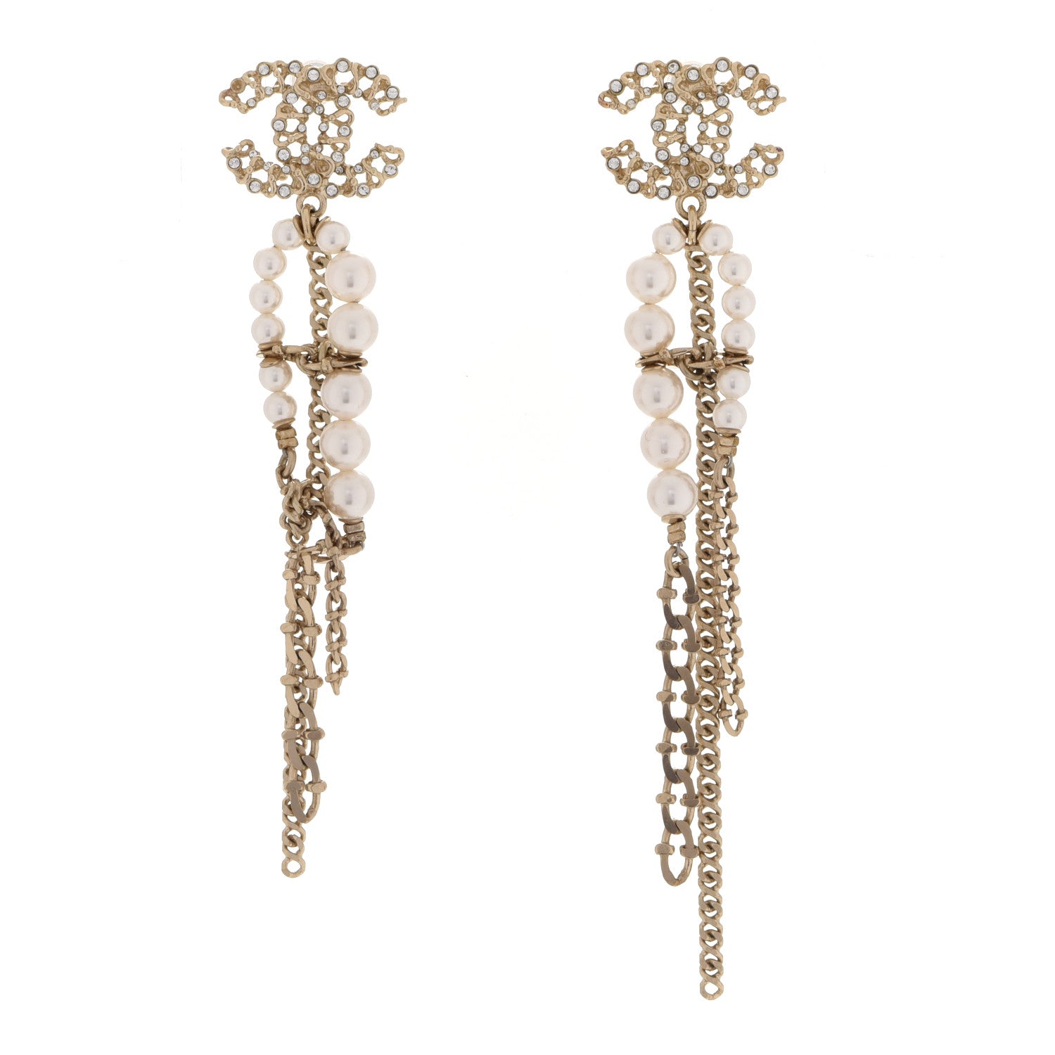 Chanel Pearl Crystal CC Chain Drop Earrings Light Gold Pearly White 1 of 4