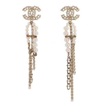 Chanel Pearl Crystal CC Chain Drop Earrings Light Gold Pearly White 1 of 4