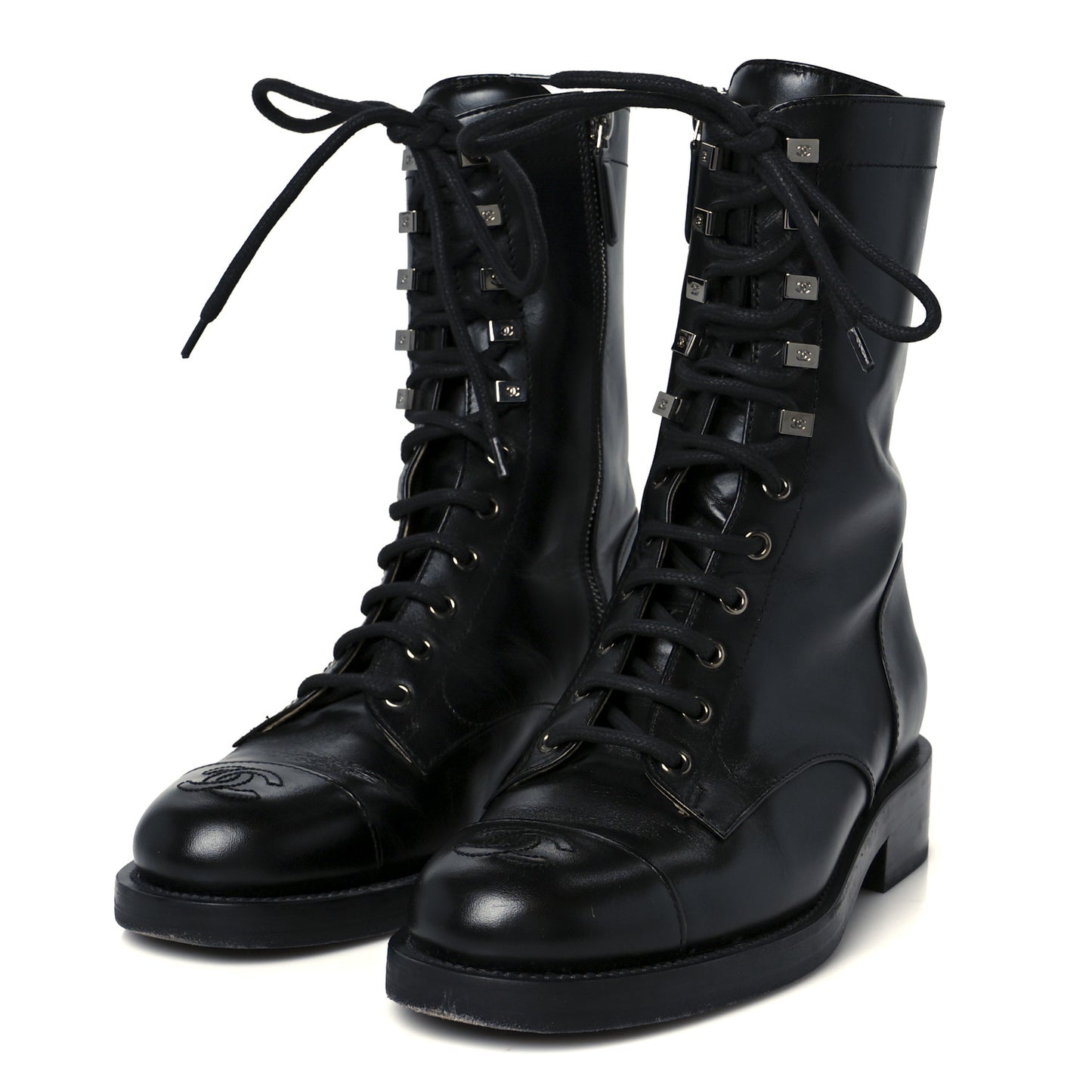 Calfskin Lace Up Combat Boots 38 Black