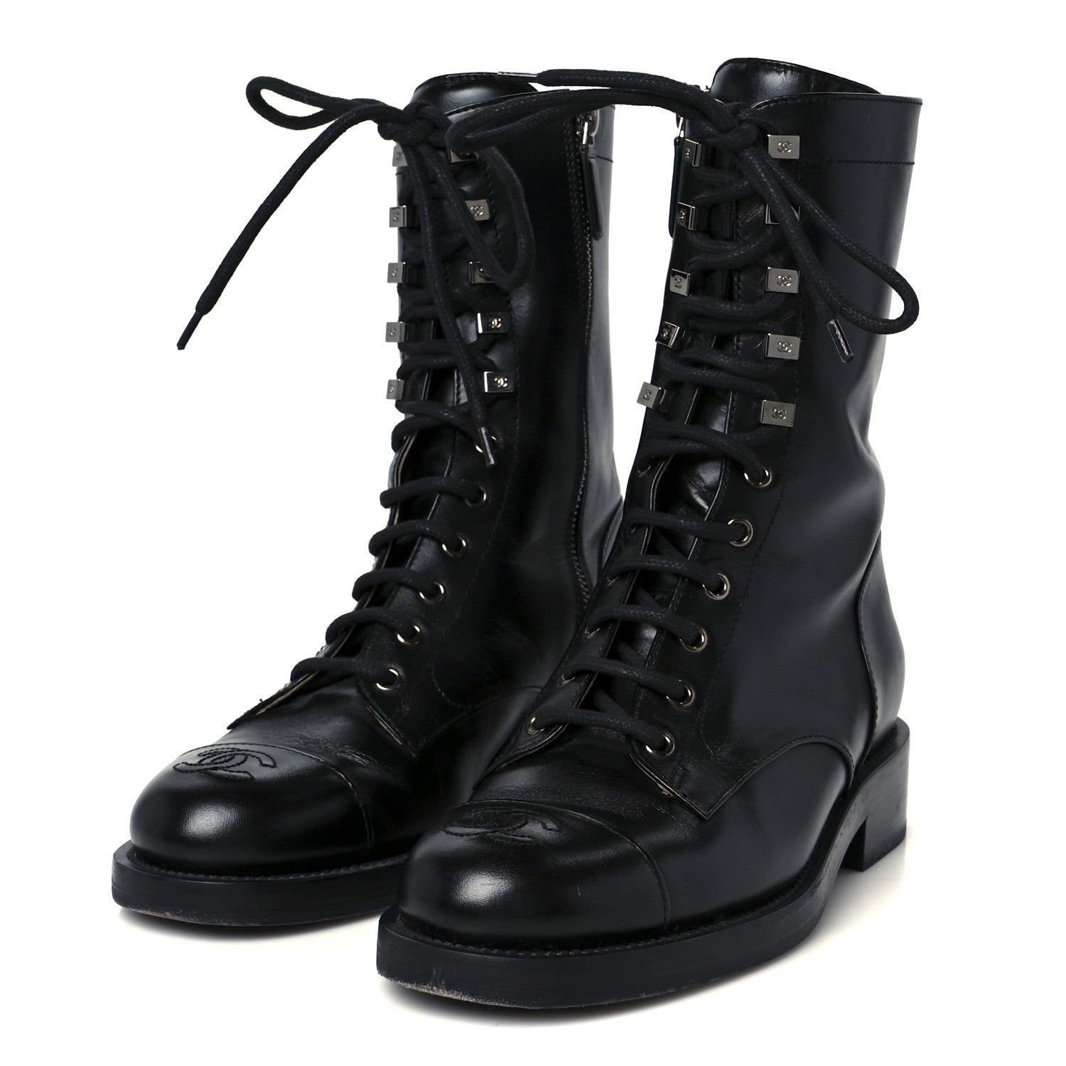 Chanel Calfskin Lace Up Combat Boots 38 Black 4 of 11