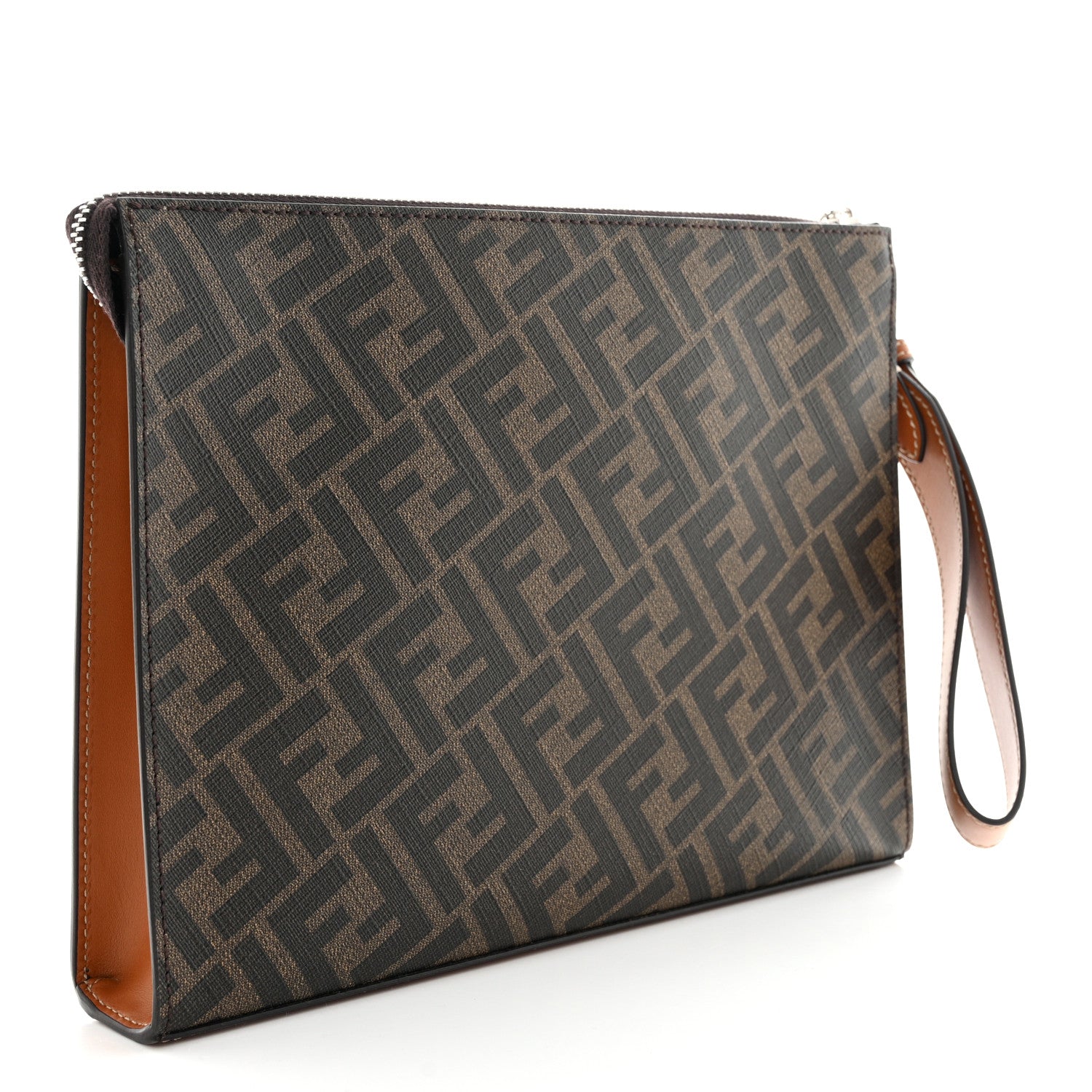 Fendi Glazed Fabric Vitello King FF 1974 Diagonal Flat Pouch Tobacco Moro Cuoio 3 of 7