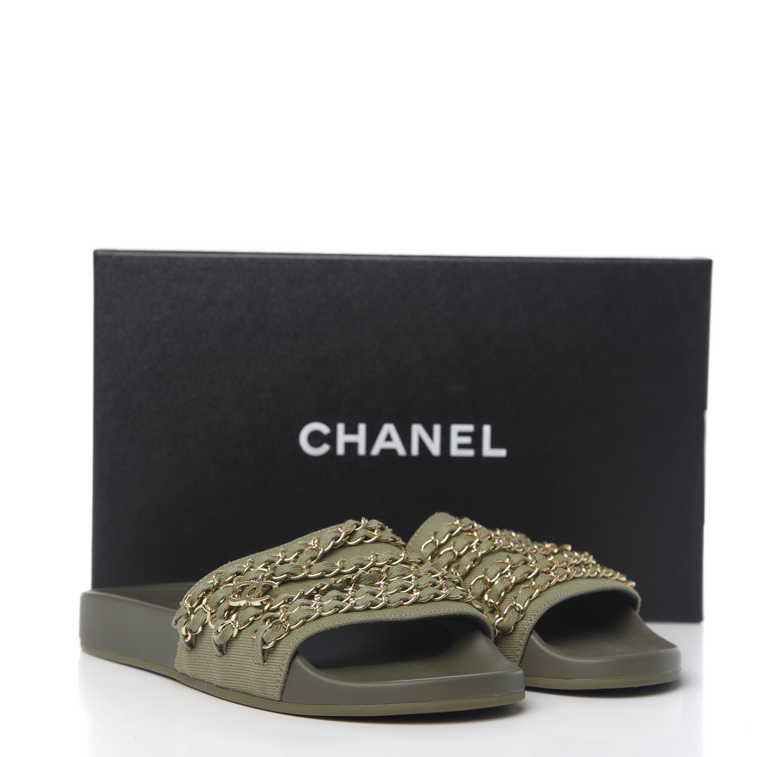 Chanel Canvas Chain Flat Sandals 37 Khaki 8 of 8