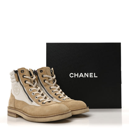 Chanel Toile Suede Calfskin CC Lace Up Short Boots 39 Light Beige 10 of 10