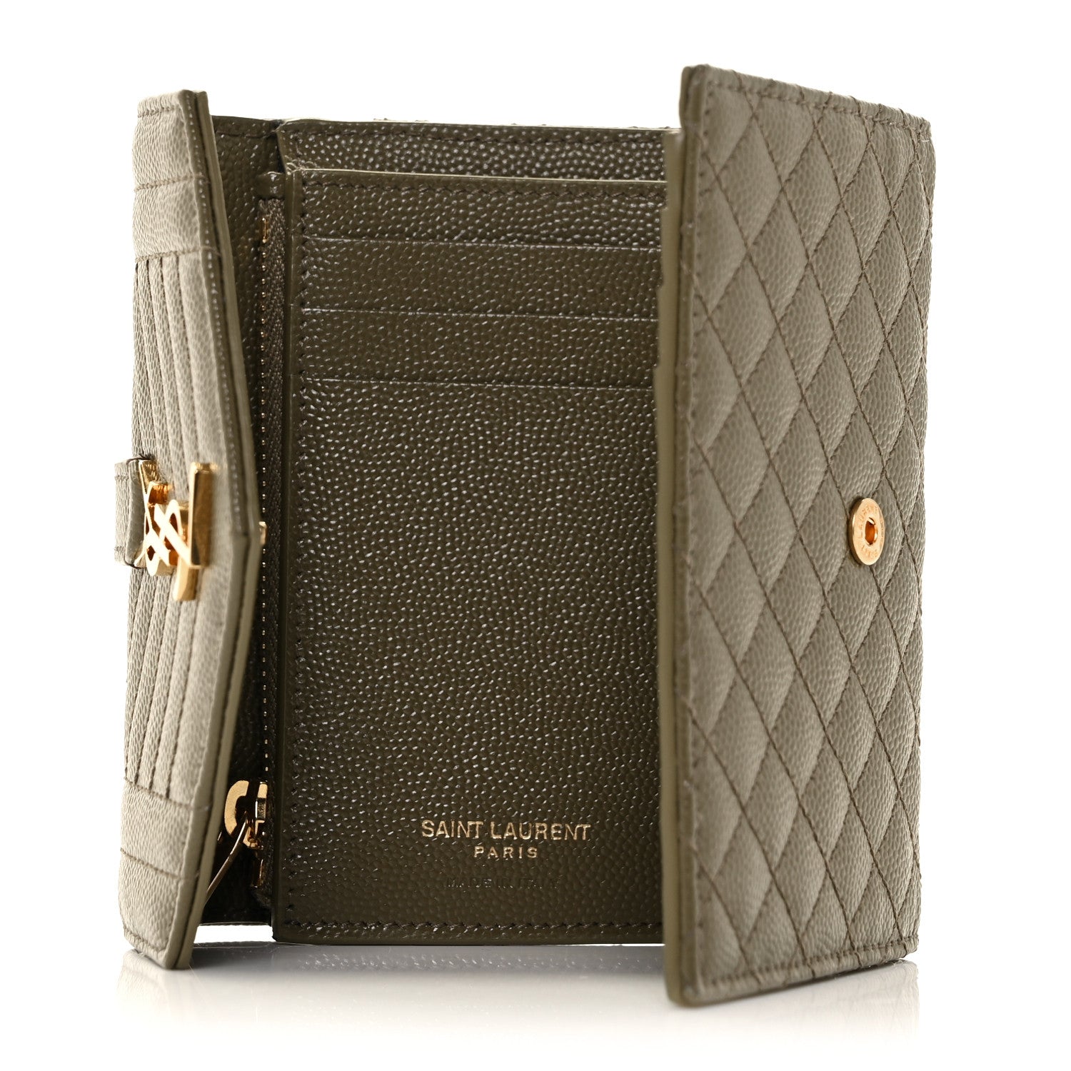 Saint Laurent Grain De Poudre Mixed Matelasse Triquilt Monogram Compact Tri Fold Wallet Military Olive 5 of 9
