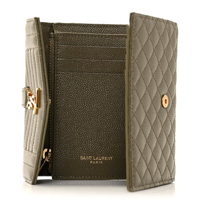 Saint Laurent Grain De Poudre Mixed Matelasse Triquilt Monogram Compact Tri Fold Wallet Military Olive 5 of 9