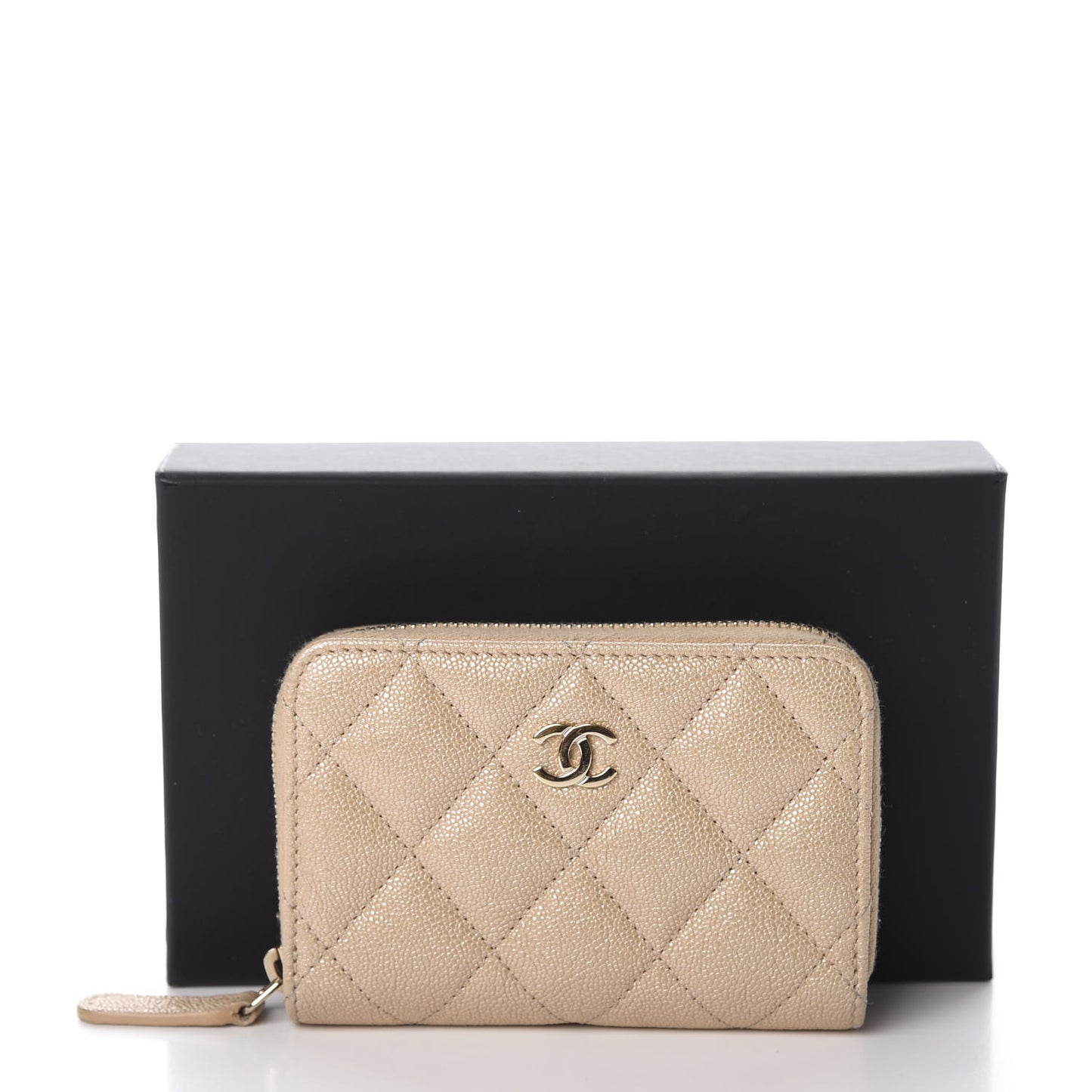 Iridescent Caviar Quilted Zip Around Coin Purse Beige