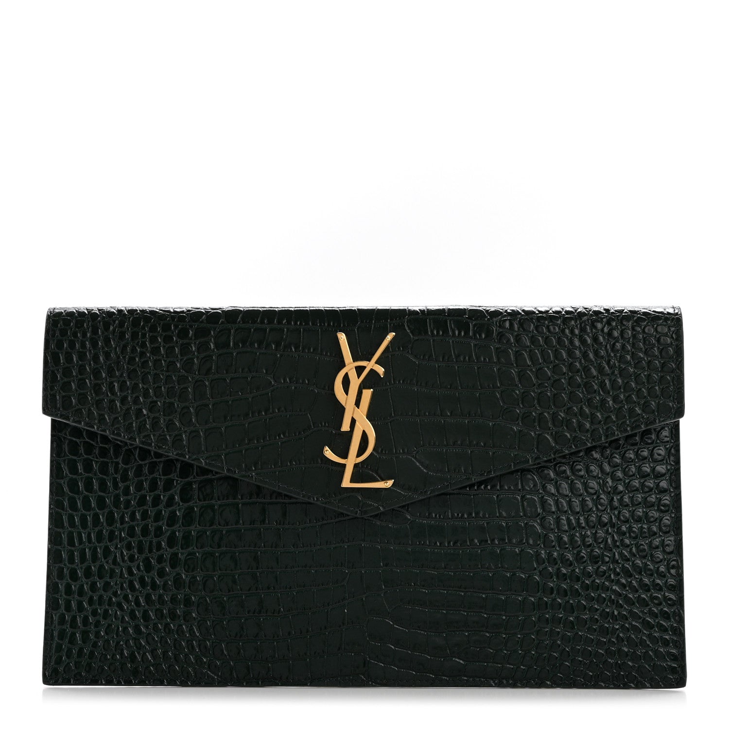 Saint Laurent Calfskin Crocodile Embossed Uptown Monogram Clutch  Dark Mint 1 of 7