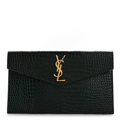Saint Laurent Calfskin Crocodile Embossed Uptown Monogram Clutch  Dark Mint 1 of 7