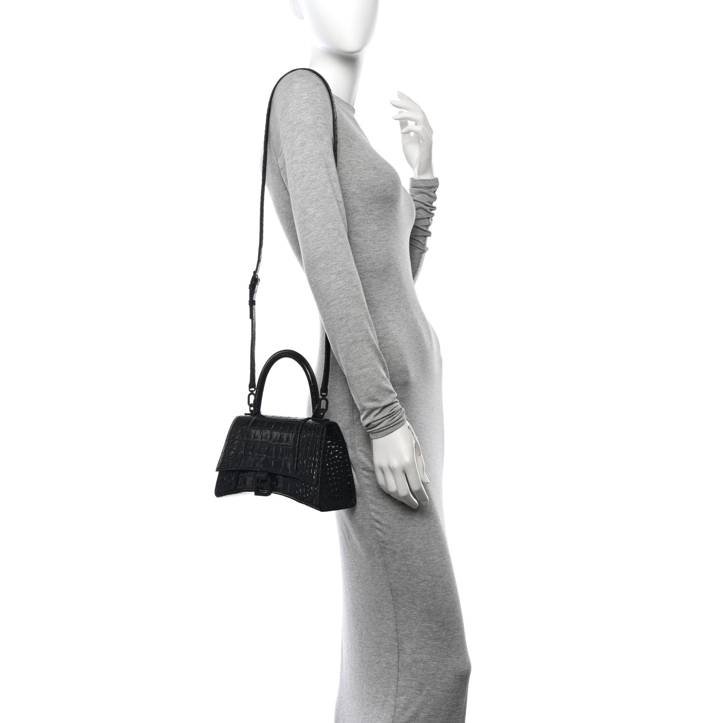 Shiny Calfskin Monochrome Crocodile Embossed Small Hourglass Top Handle Bag Black