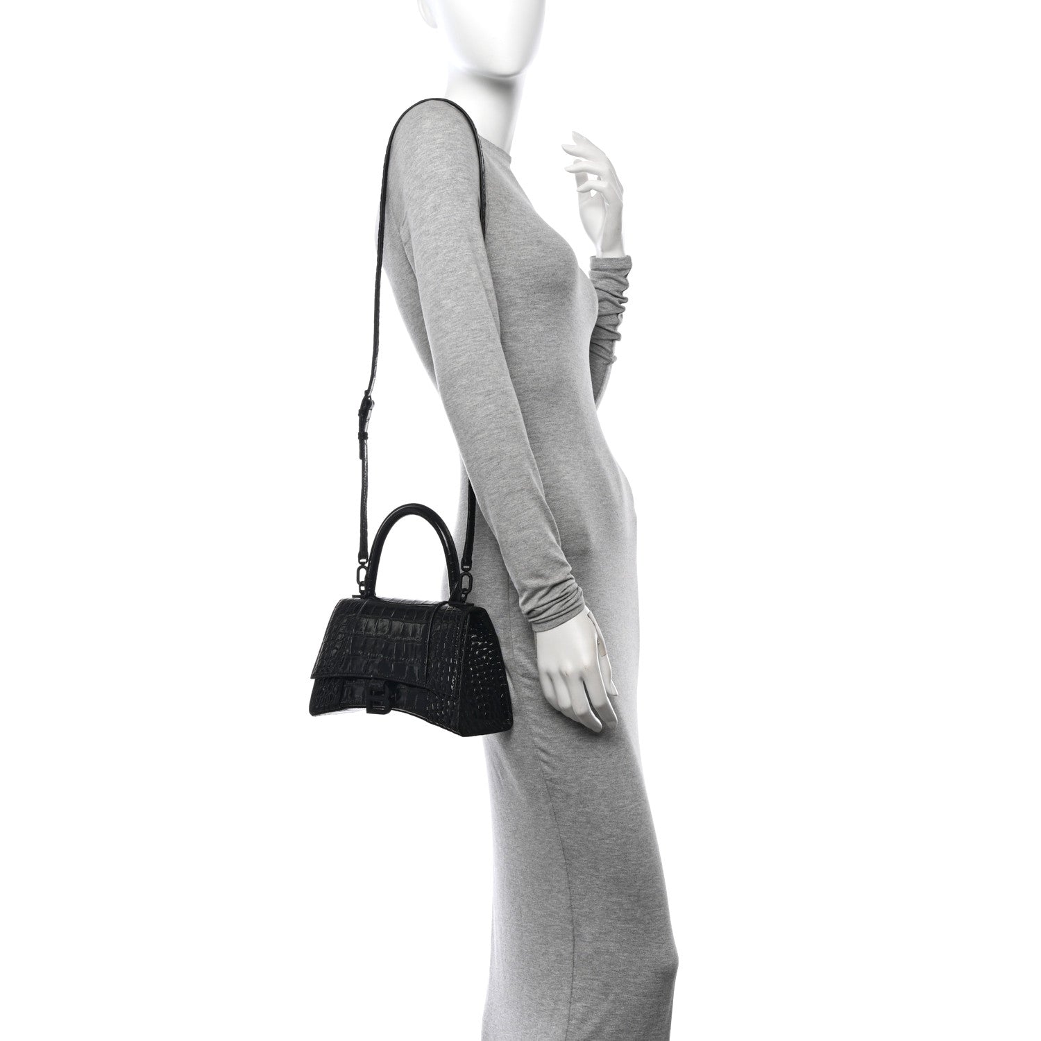 Balenciaga Shiny Calfskin Monochrome Crocodile Embossed Small Hourglass Top Handle Bag Black 2 of 10
