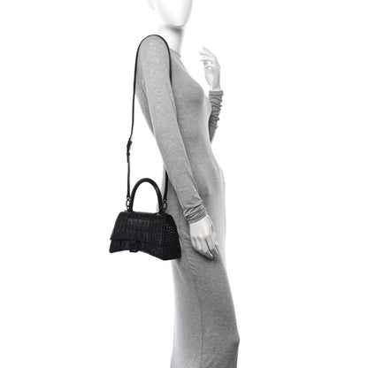 Balenciaga Shiny Calfskin Monochrome Crocodile Embossed Small Hourglass Top Handle Bag Black 2 of 10
