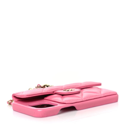 Chanel Lambskin Quilted Pearl Crush iPhone XII Pro Holder With Chain Pink 5 of 10
