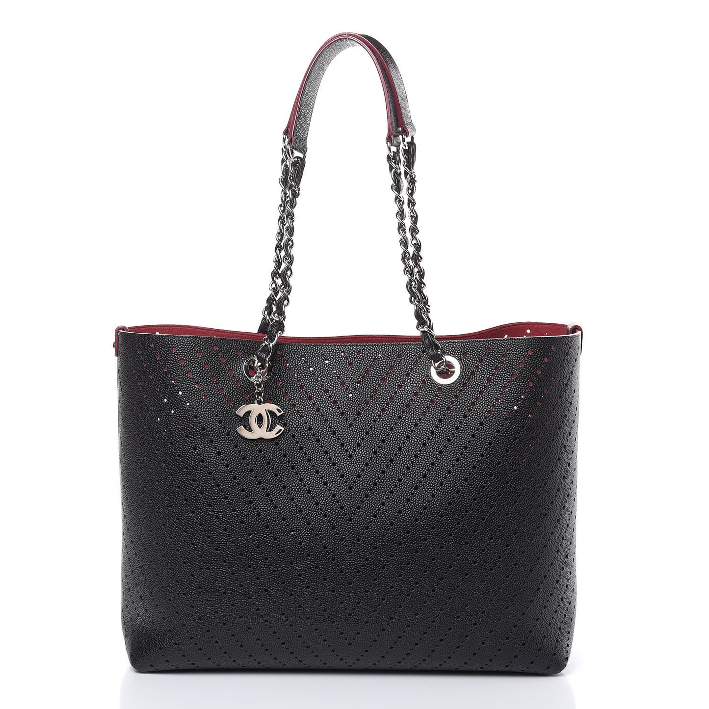 Perforated Grained Calfskin Large Shopping Tote Black