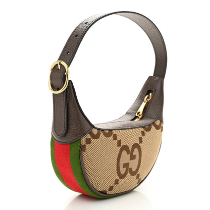 Gucci Monogram Jumbo GG Textured Dollar Calfskin Web Mini Ophidia Half Moon Hobo Camel Ebony New Acero 3 of 12