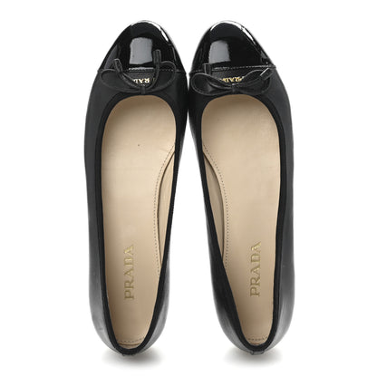 Prada Nappa Vernice Cap Toe Logo Bow Ballerina Flats 39.5 Black 2 of 9