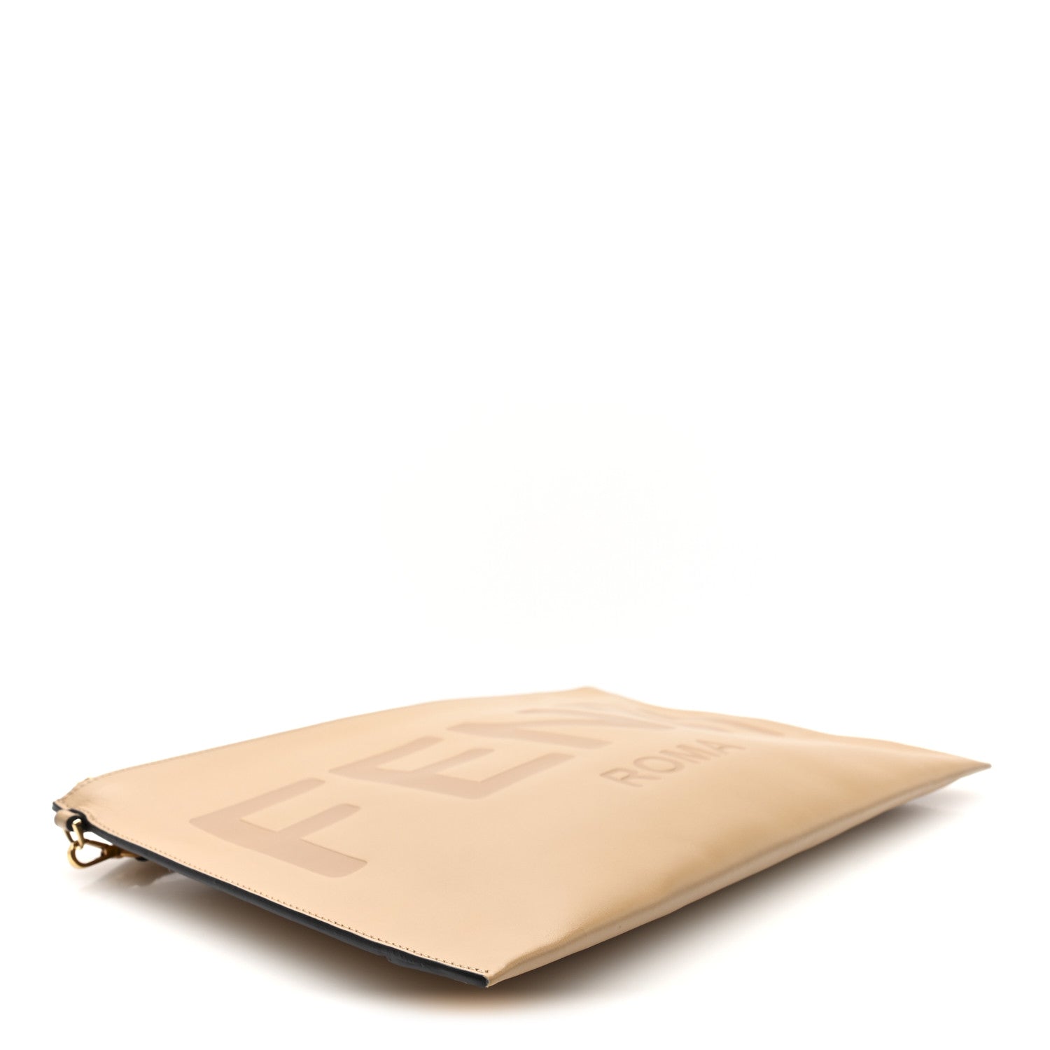 Fendi Vitello King Logo Embossed Large Flat Pouch Miele Scuro
