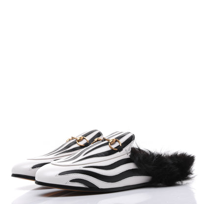 Gucci Malaga Kid Fur Zebra Inlay Womens Princetown Slippers 37 Mystic White Black 3 of 9