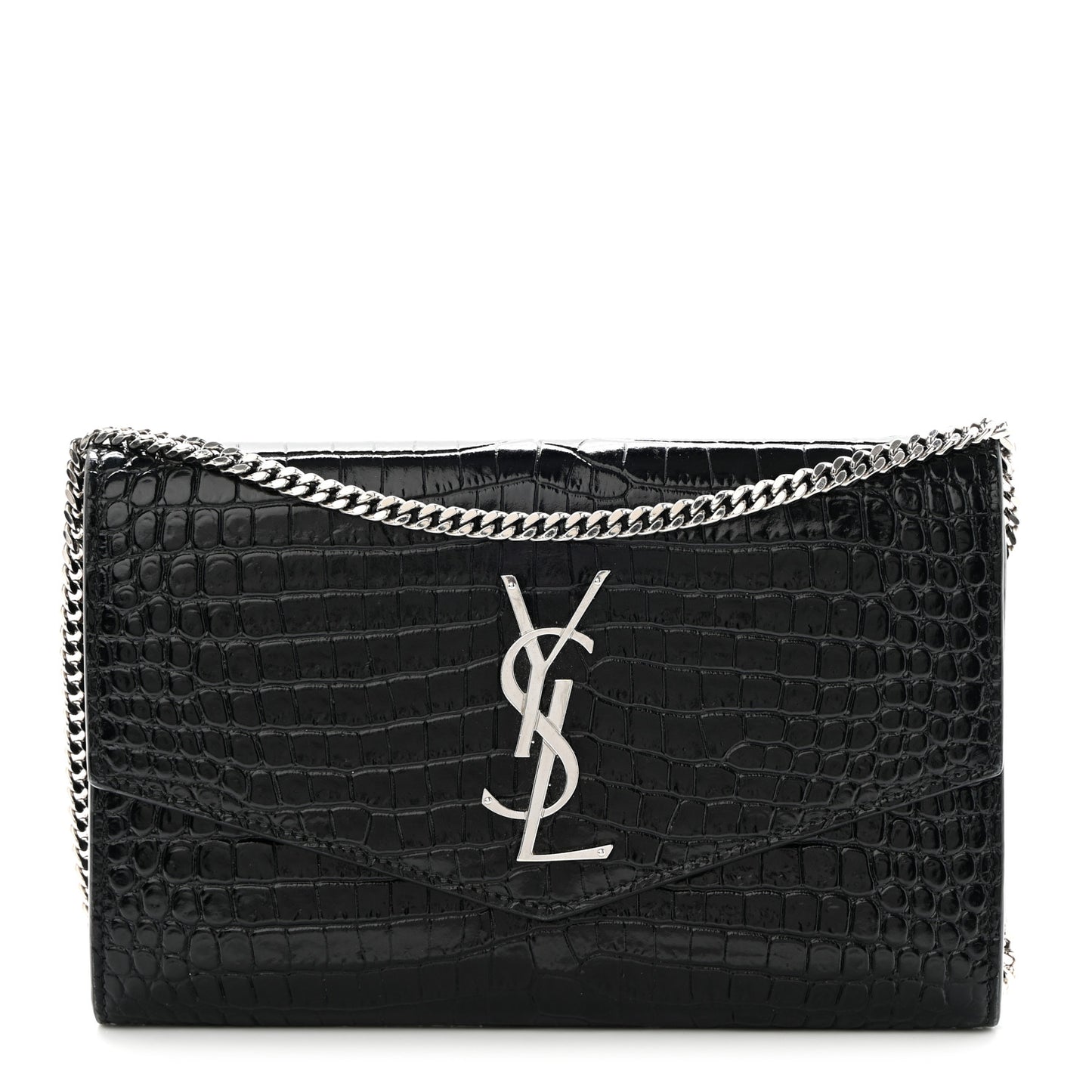 Calfskin Crocodile Embossed Monogram Uptown Chain Wallet Black