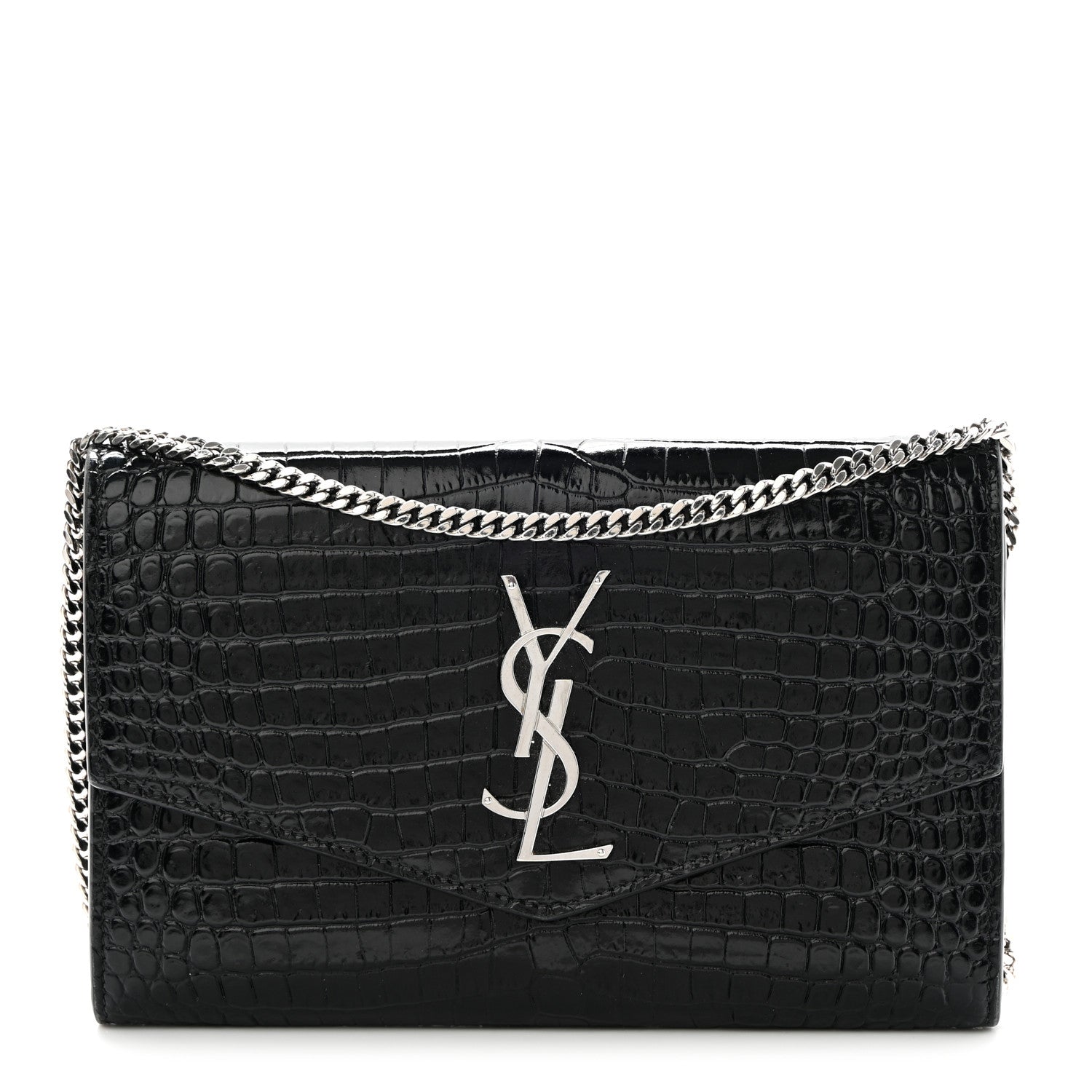 Saint Laurent Calfskin Crocodile Embossed Monogram Uptown Chain Wallet Black 1 of 14