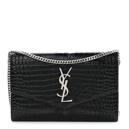 Saint Laurent Calfskin Crocodile Embossed Monogram Uptown Chain Wallet Black 1 of 14