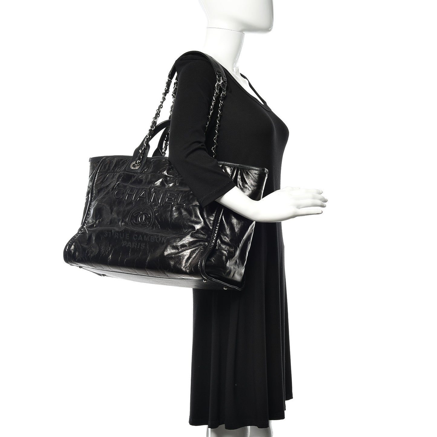 Glazed Calfskin Medium Deauville Tote Black