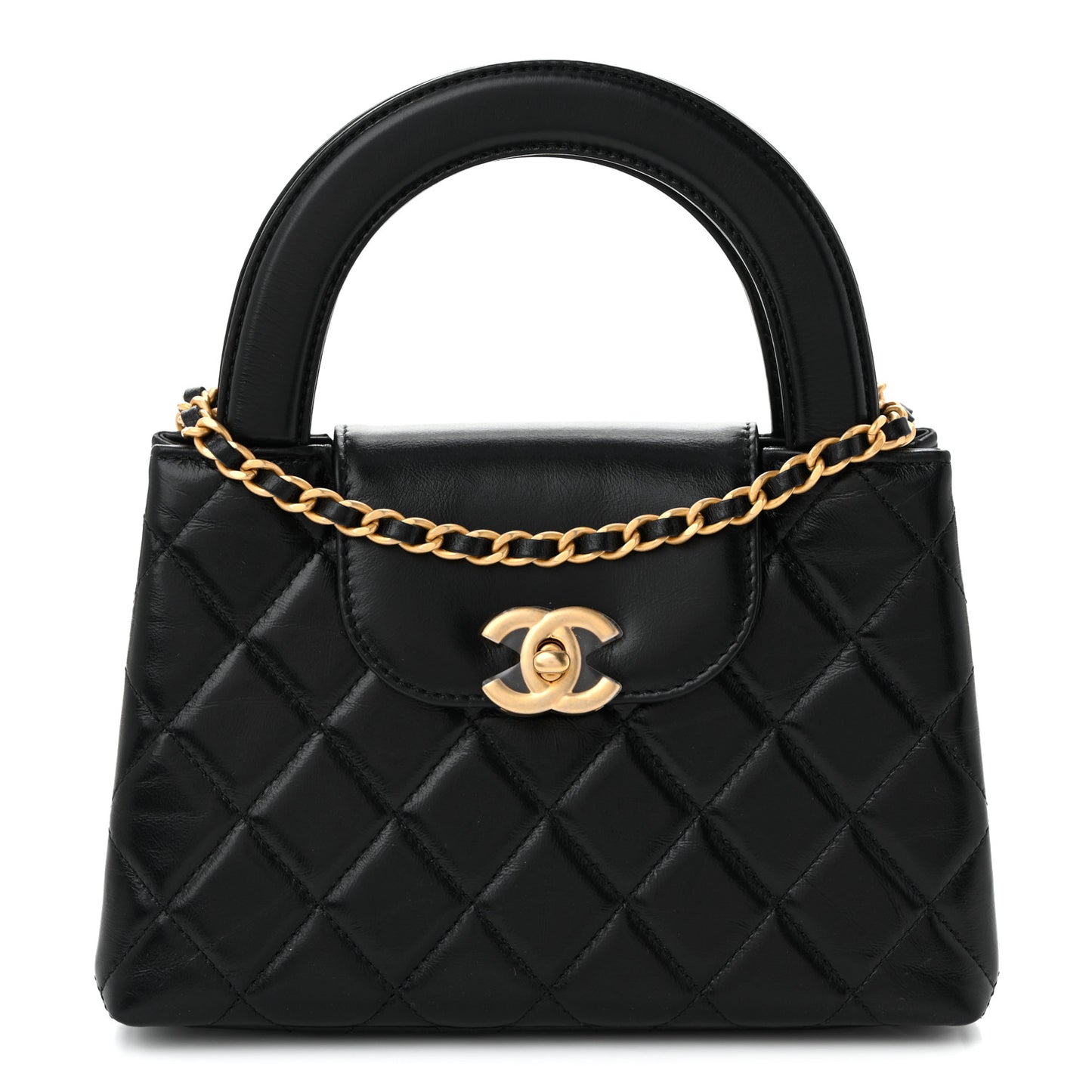 Shiny Aged Calfskin Quilted Nano Kelly Shopper Black Black