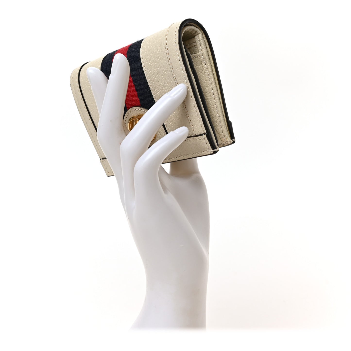 Textured Calfskin Web Ophidia Card Case Mystic White