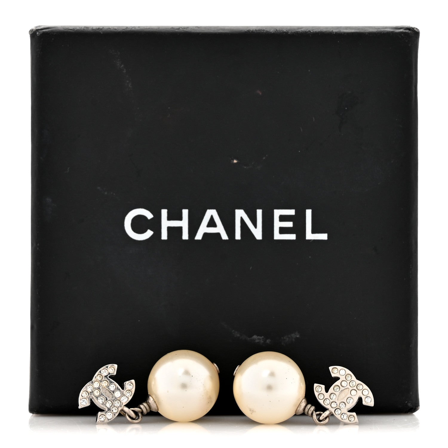 Chanel Crystal Pearl CC Drop Earrings Silver Pearly White 5 of 5