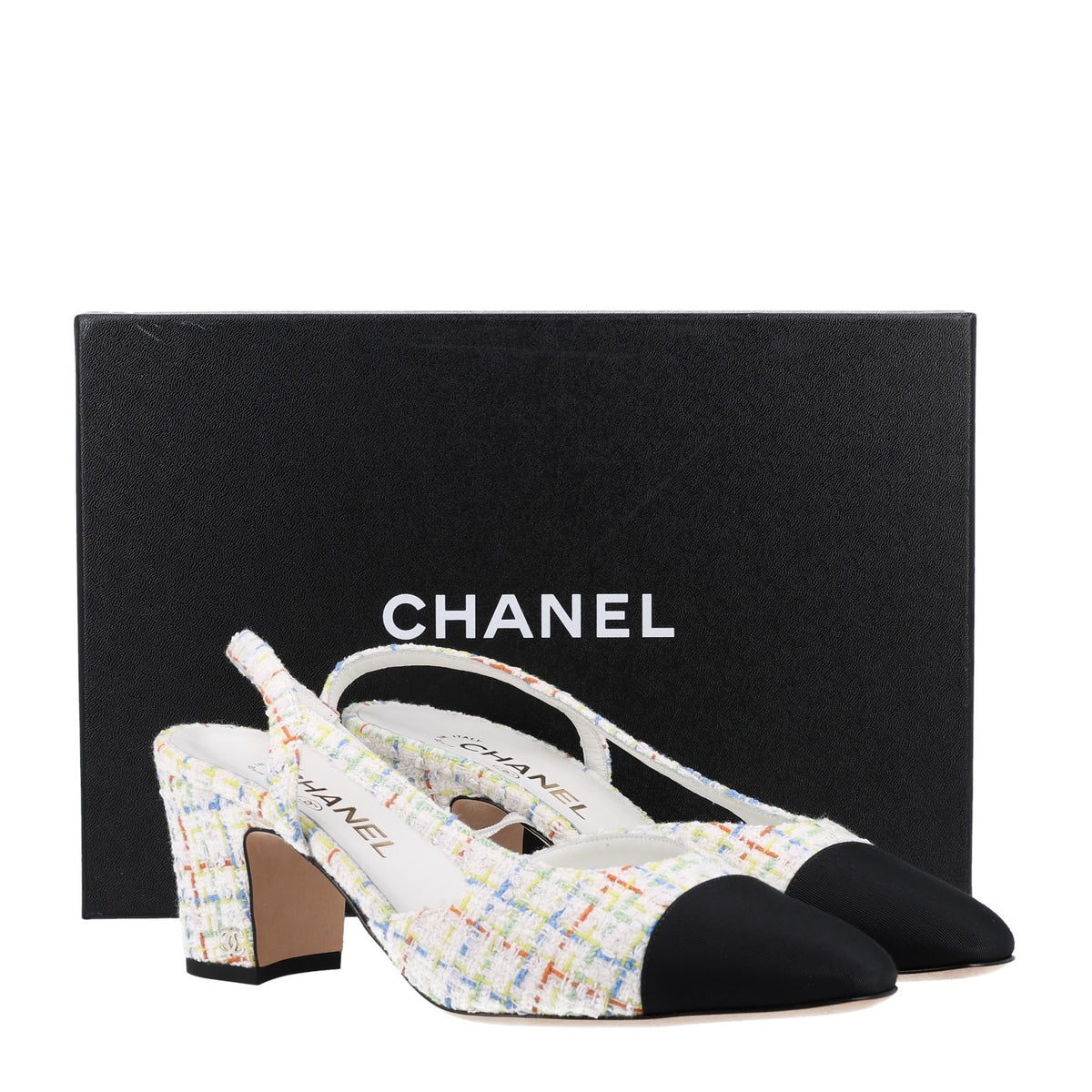 Chanel Tweed Grosgrain Cap Toe CC Slingback Pumps 40 White Multicolor 11 of 11