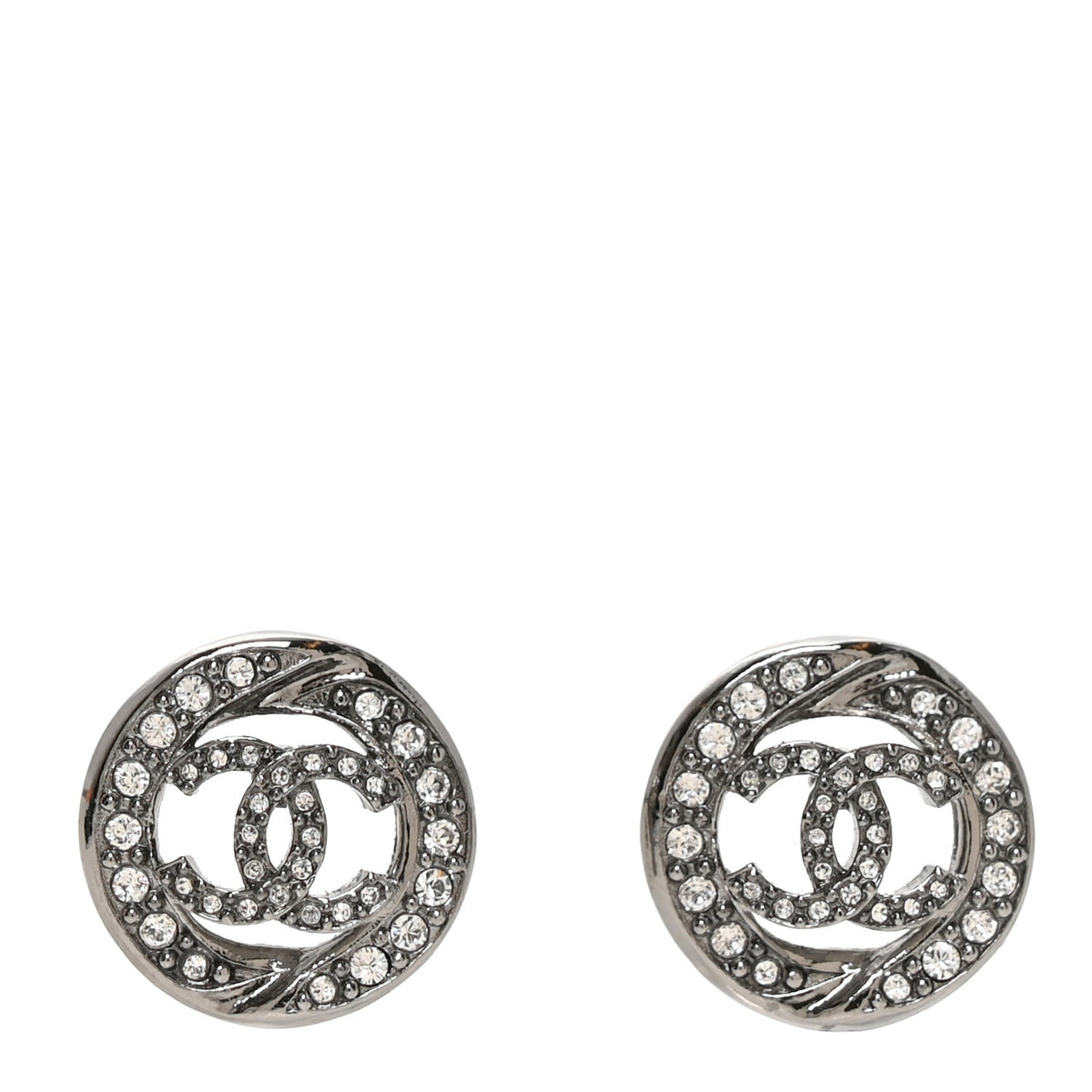 Metal Crystal CC Logo Round Earrings Silver