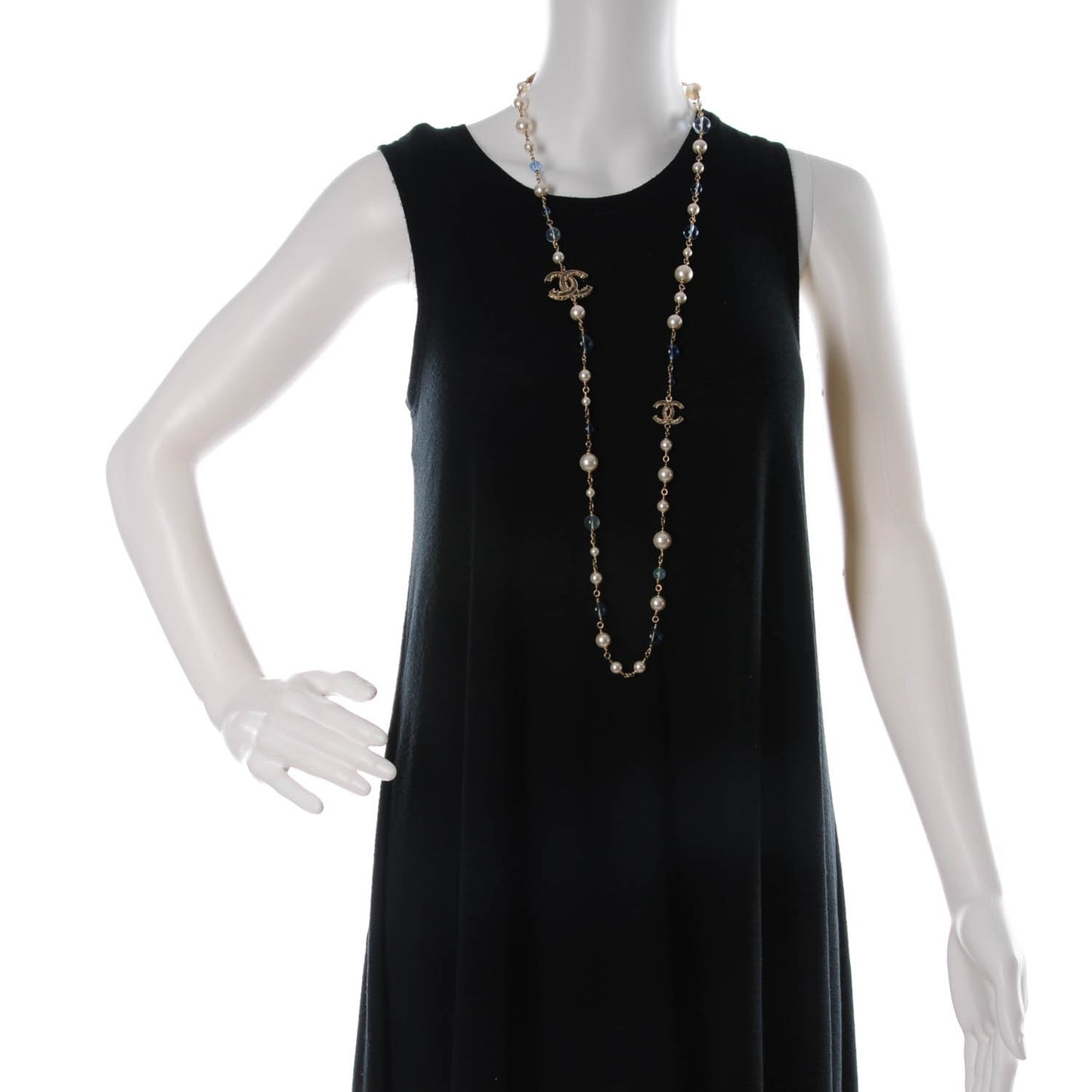 Pearl Bead Enamel CC Long Necklace Gold Blue