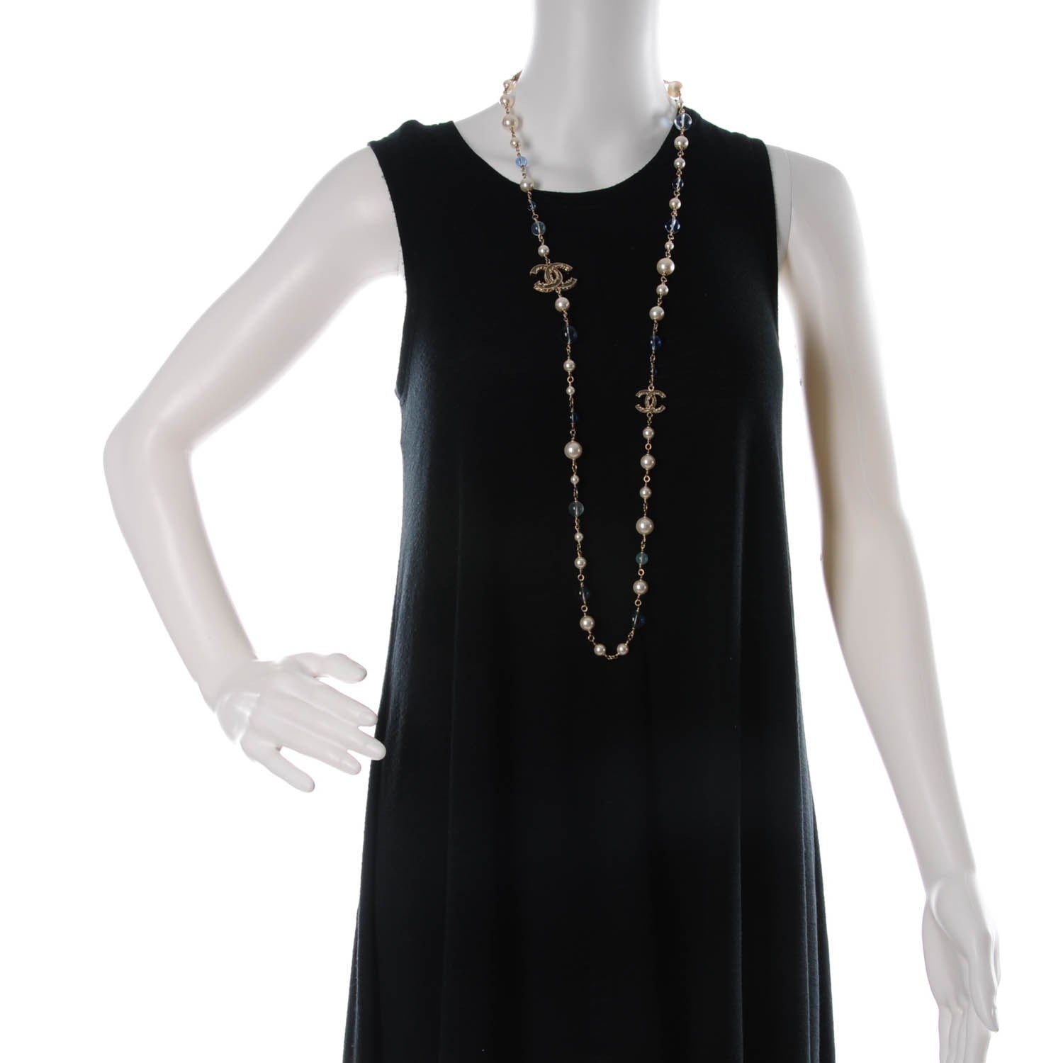 Chanel Pearl Bead Enamel CC Long Necklace Gold Blue 2 of 5