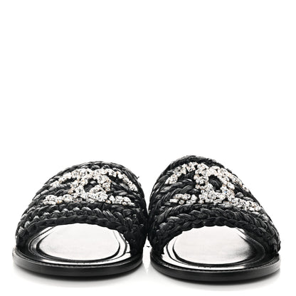 Chanel Raffia Crystal CC Mules Sandals 39 Black 2 of 10