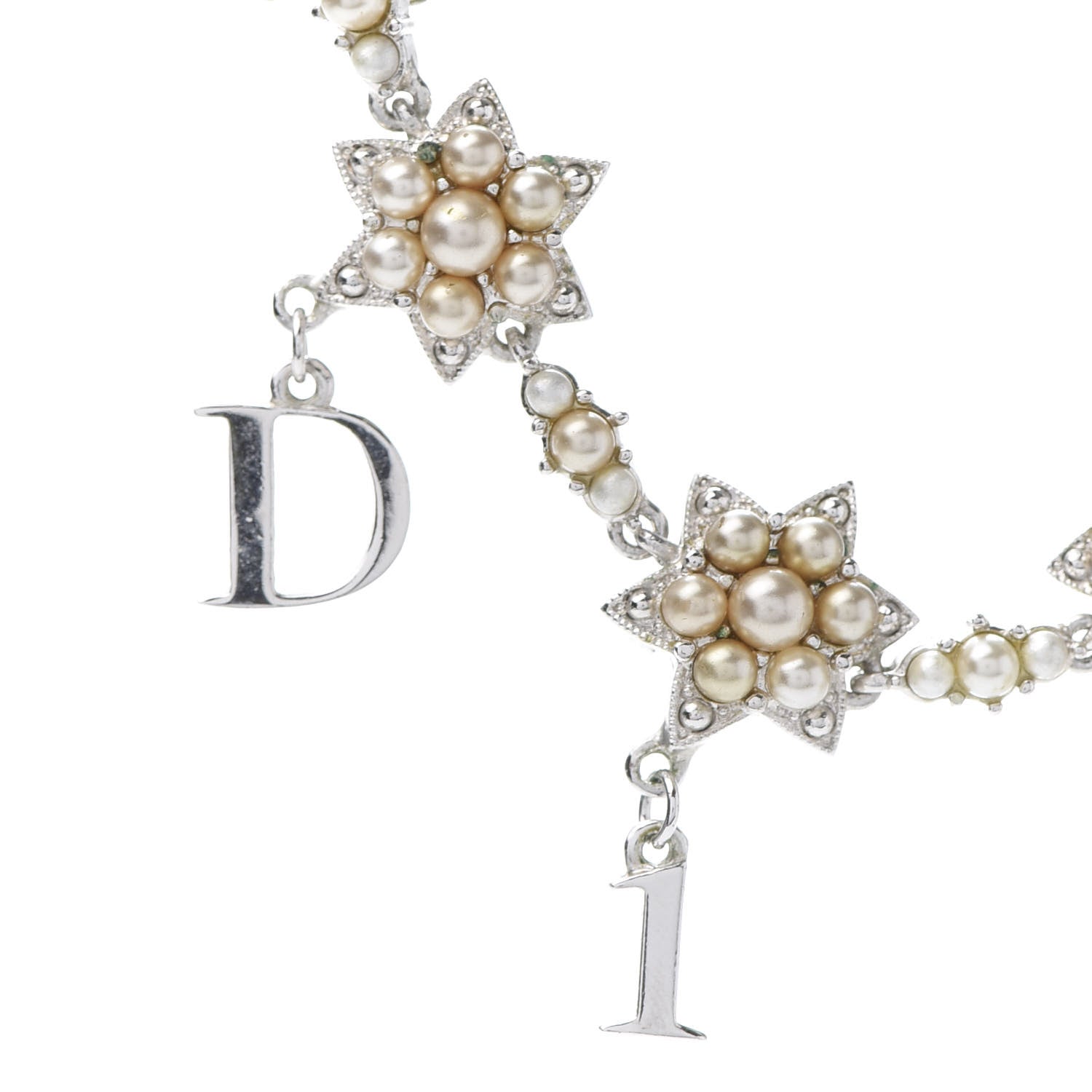 Christian Dior Pearl Star Logo Charm Necklace Silver 4 of 7