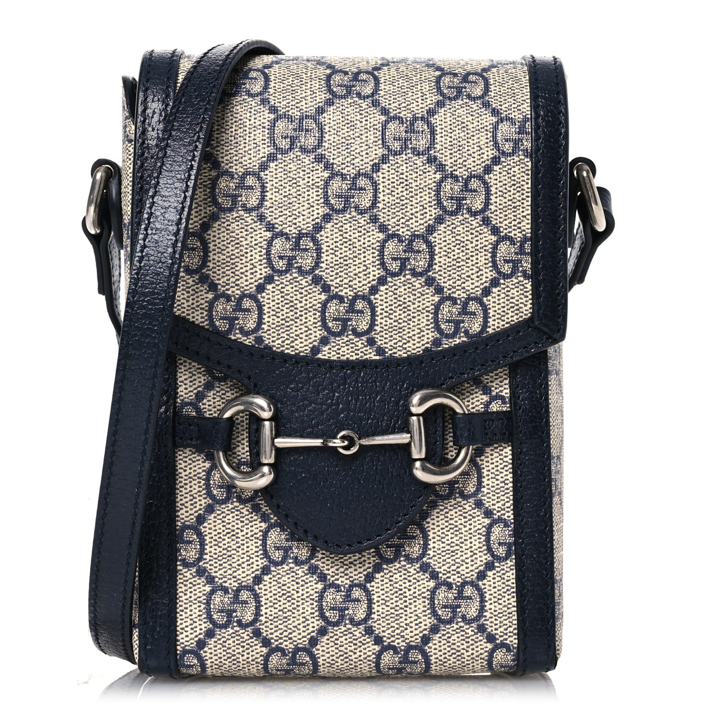 GG Supreme Monogram Textured Dollar Calfskin Mini Horsebit 1955 Crossbody Bag Beige Blue