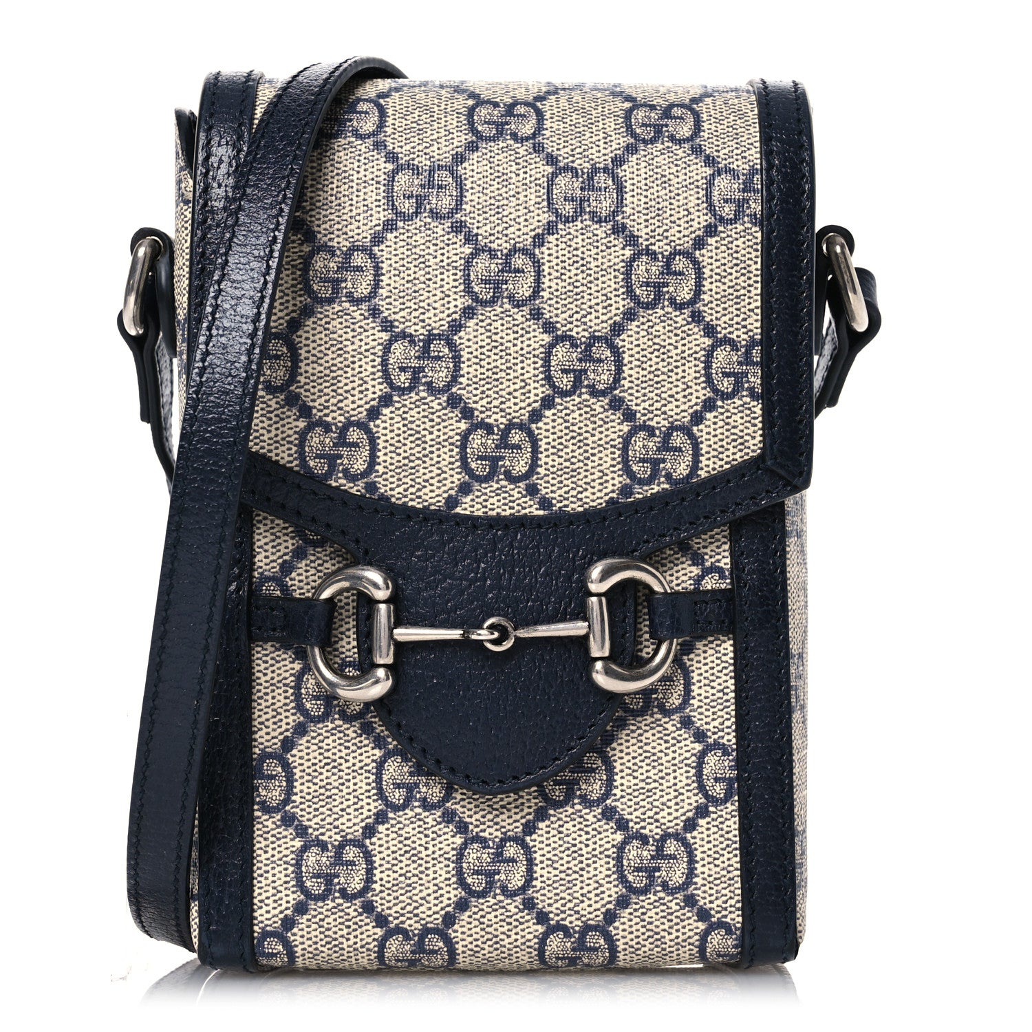 Gucci GG Supreme Monogram Textured Dollar Calfskin Mini Horsebit 1955 Crossbody Bag Beige Blue 1 of 14