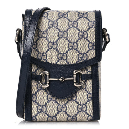 Gucci GG Supreme Monogram Textured Dollar Calfskin Mini Horsebit 1955 Crossbody Bag Beige Blue 1 of 14