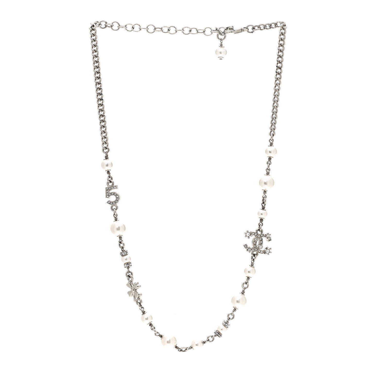 Crystal Pearl Star 5 CC Necklace Silver