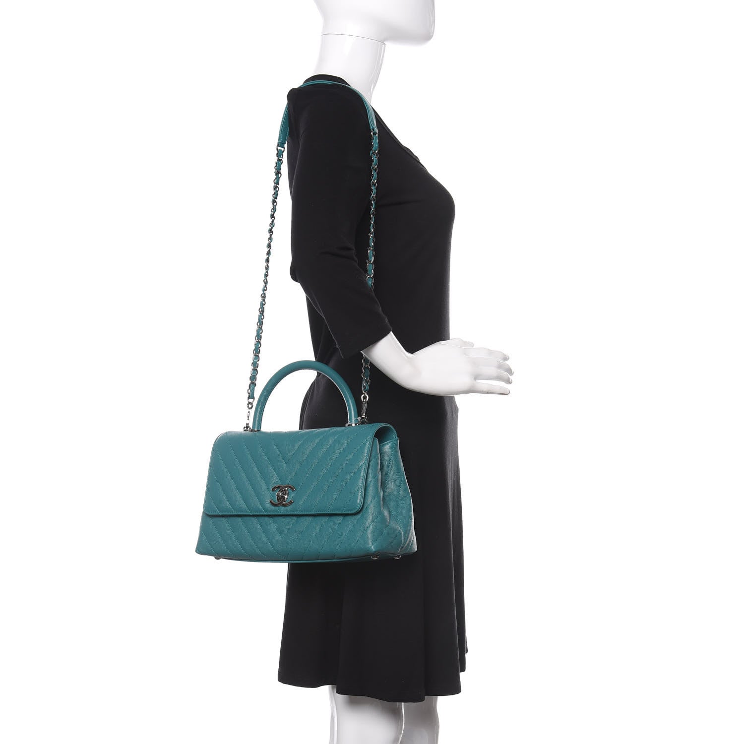 Chanel Caviar Chevron Quilted Small Coco Handle Flap Green 2 of 12