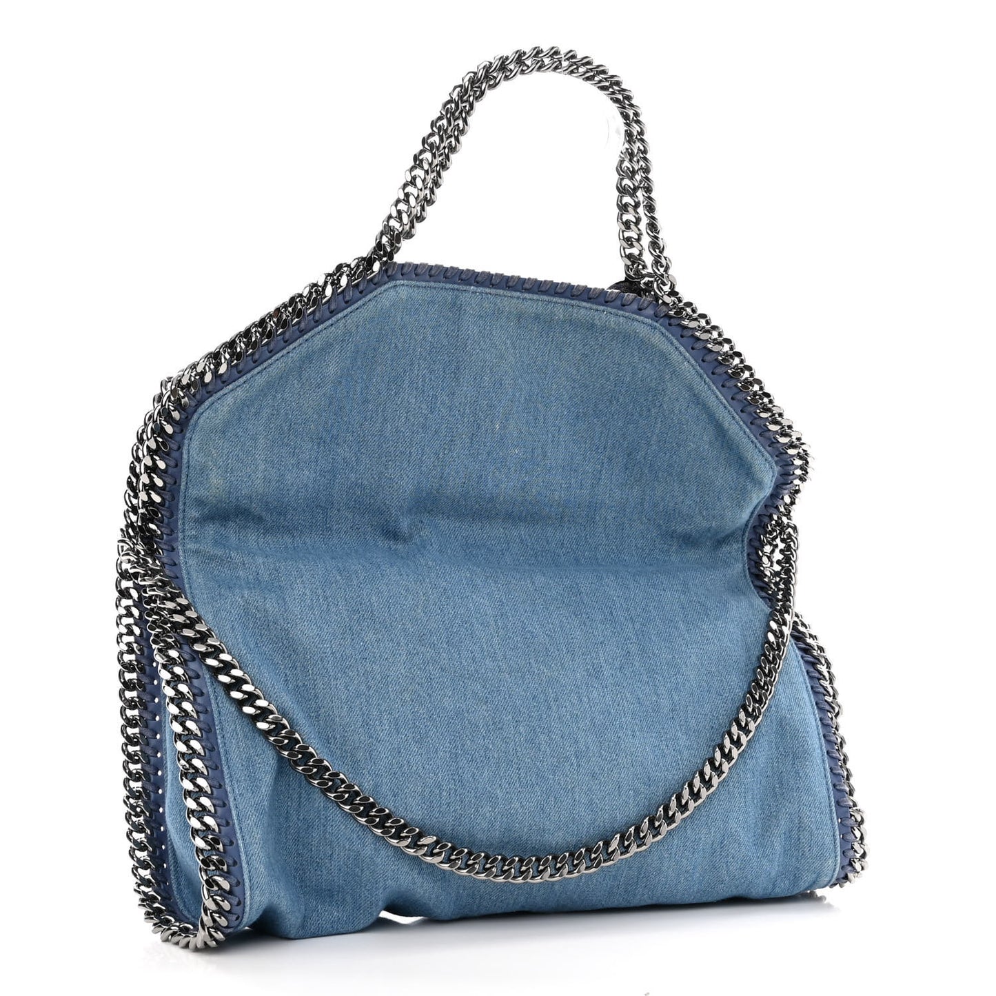 Eco Denim Embroidered Zigarette Falabella Fold Over Tote Blue