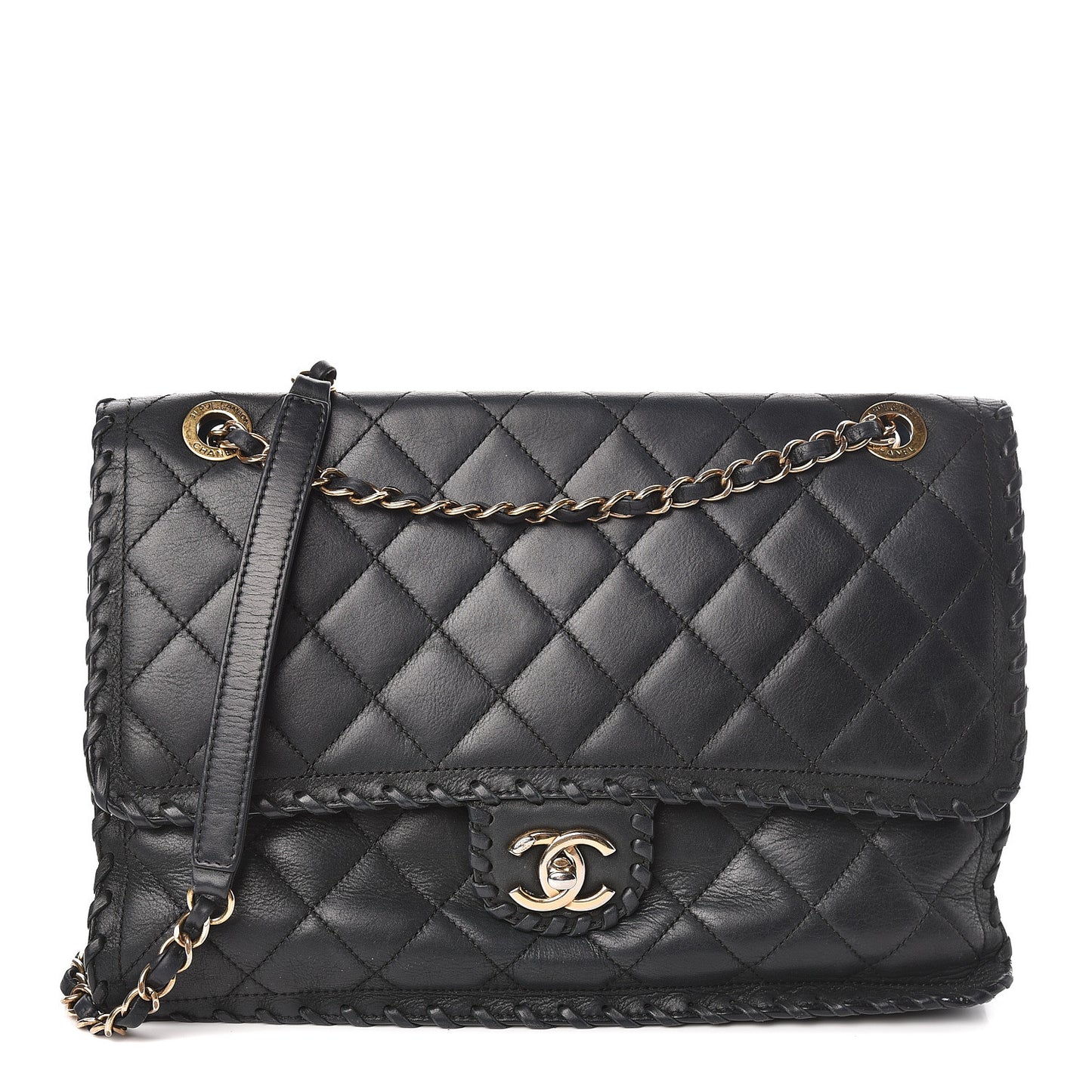 Suede Calfskin Jumbo Happy Stitch Flap Black