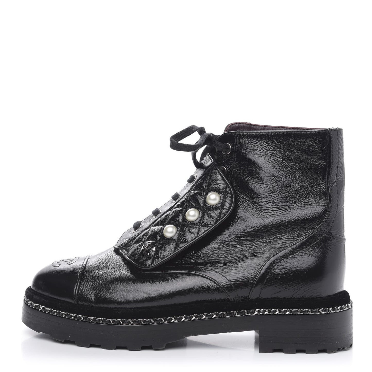 Crackled Calfskin Velvet Pearl Combat Short Boots 38 Black