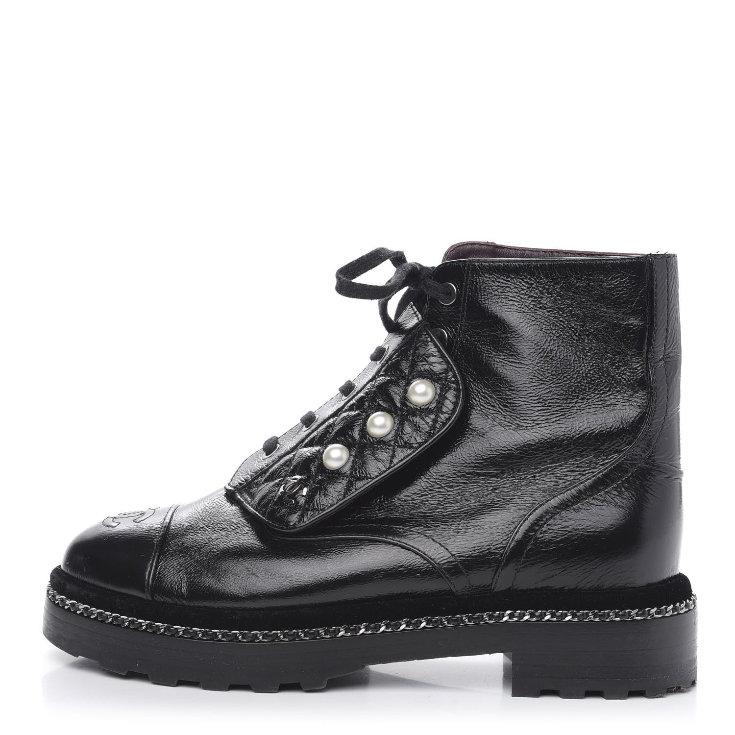 Chanel Crackled Calfskin Velvet Pearl Combat Short Boots 38 Black 1 of 7
