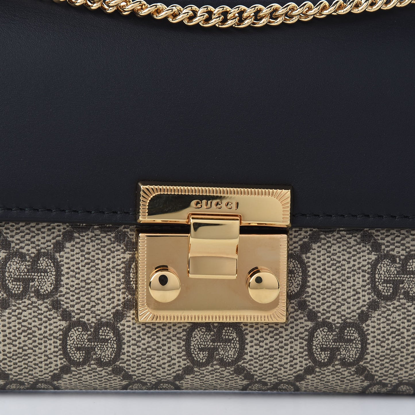 GG Supreme Monogram Moon Calfskin Padlock Continental Chain Wallet Beige Ebony Black