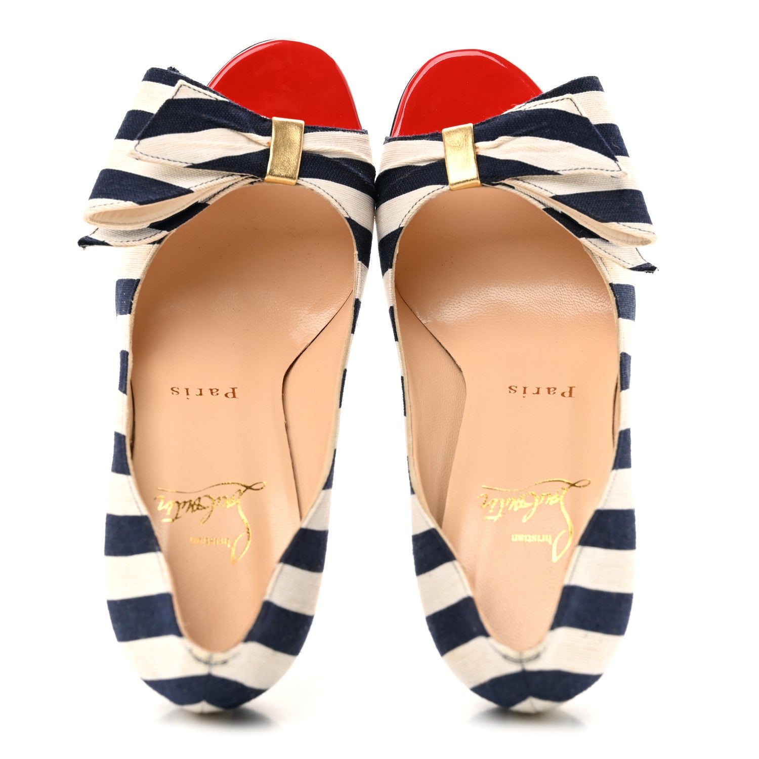 Christian Louboutin Canvas Striped Just Soon 85 Peep Toe Pumps 35.5 Navy White 2 of 9