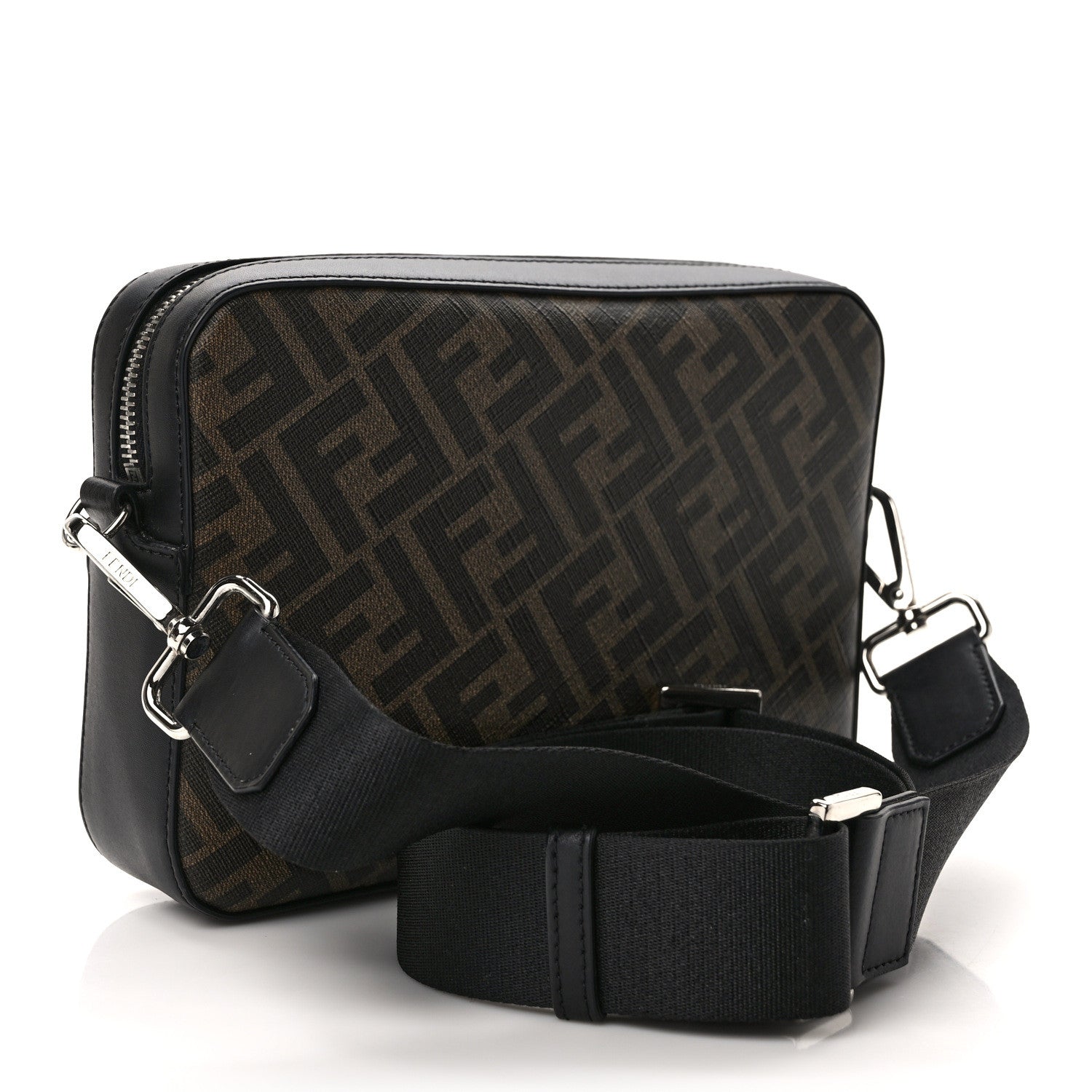 Fendi Glazed Fabric Vitello Liberty FF 1974 Diagonal Camera Case Tobacco Rosso Black 4 of 10