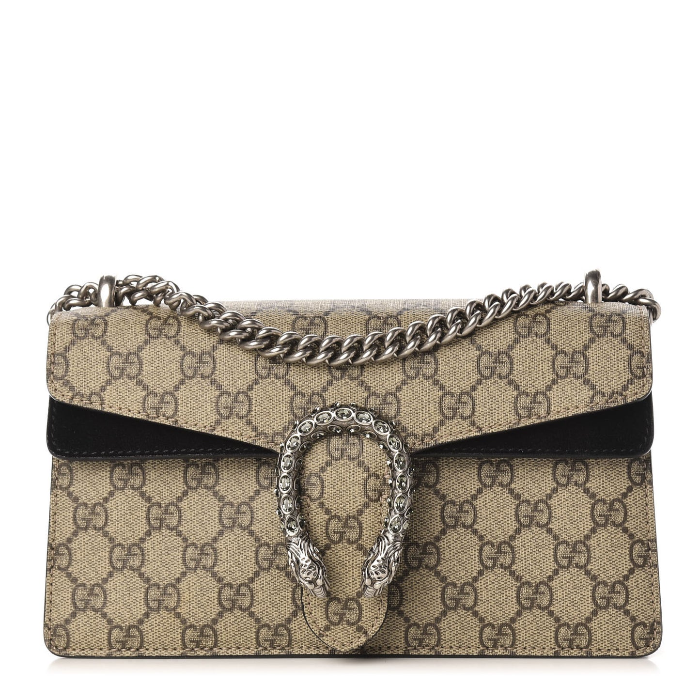 GG Supreme Monogram Suede Crystal Small Dionysus Shoulder Bag Beige Ebony Black